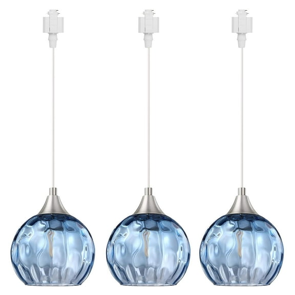 Kiven H-Type track lighting pendants,Modern h track pendant lights with Blue Glass Globe,Decorative Track Lighting Fixture for Kitchen Hallway Restaurant Shop(3-Light)