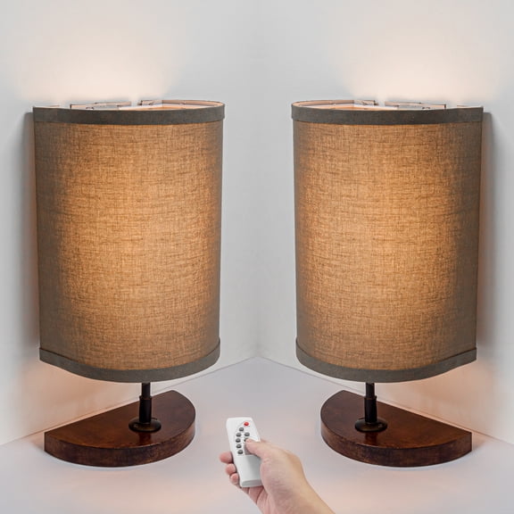 Kiven Half Shade Table Lamps, Modern Rechargeable Table Lamp with Fabric Half Lamp Shade, Set of 2 Nordic Nightstand Lamp with Wood Half Holder for Office Home