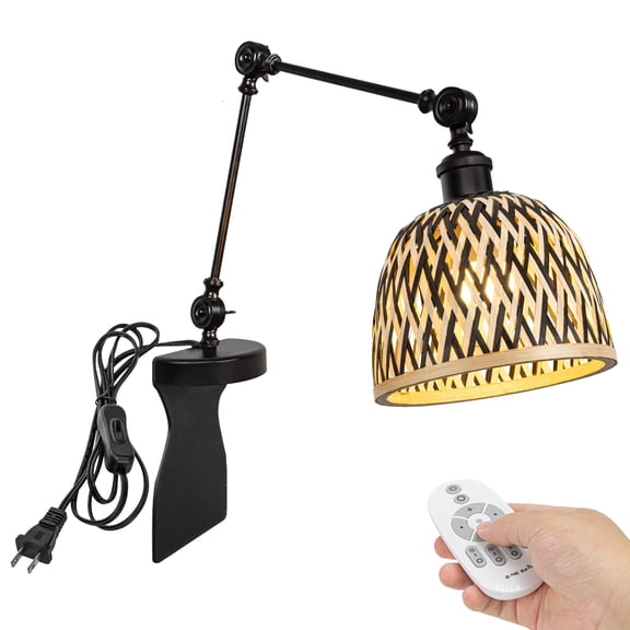 Kiven Headboard Reading Light, Dimmable No Drilling Reading Lamp, Farmhouse Rattan Nightstand Lamp with Adjustable Swing Arm, 8.2ft Cord, Remote Control for Reading Bedside Side Table Desk DZ0514