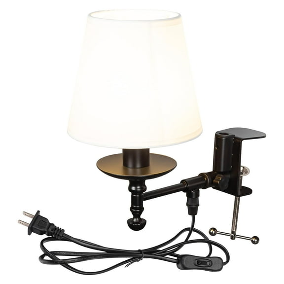 Kiven Industrial Clip-on Desk Lamp, 1-Light Dimmable Nightstand Lamp with Fabric Lampshade and 8.2FT Plug in Cord, Aluminum Decorative Clamp Lamp for Office Home Bookshelf Bedside E12 Sokcet