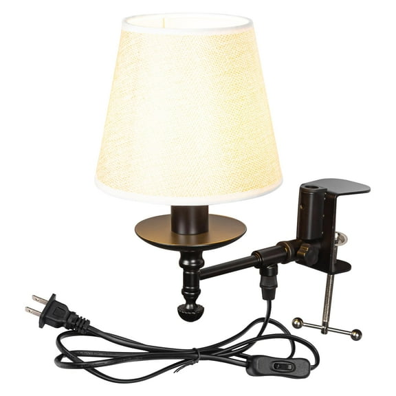 Kiven Industrial Clip-on Desk Lamp, 1-Light Dimmable Nightstand Lamp with White Fabric Lampshade and 8.2FT Plug in Cord, Aluminum Decorative Clamp Lamp for Office Home Bookshelf Bedside E12 Sokcet