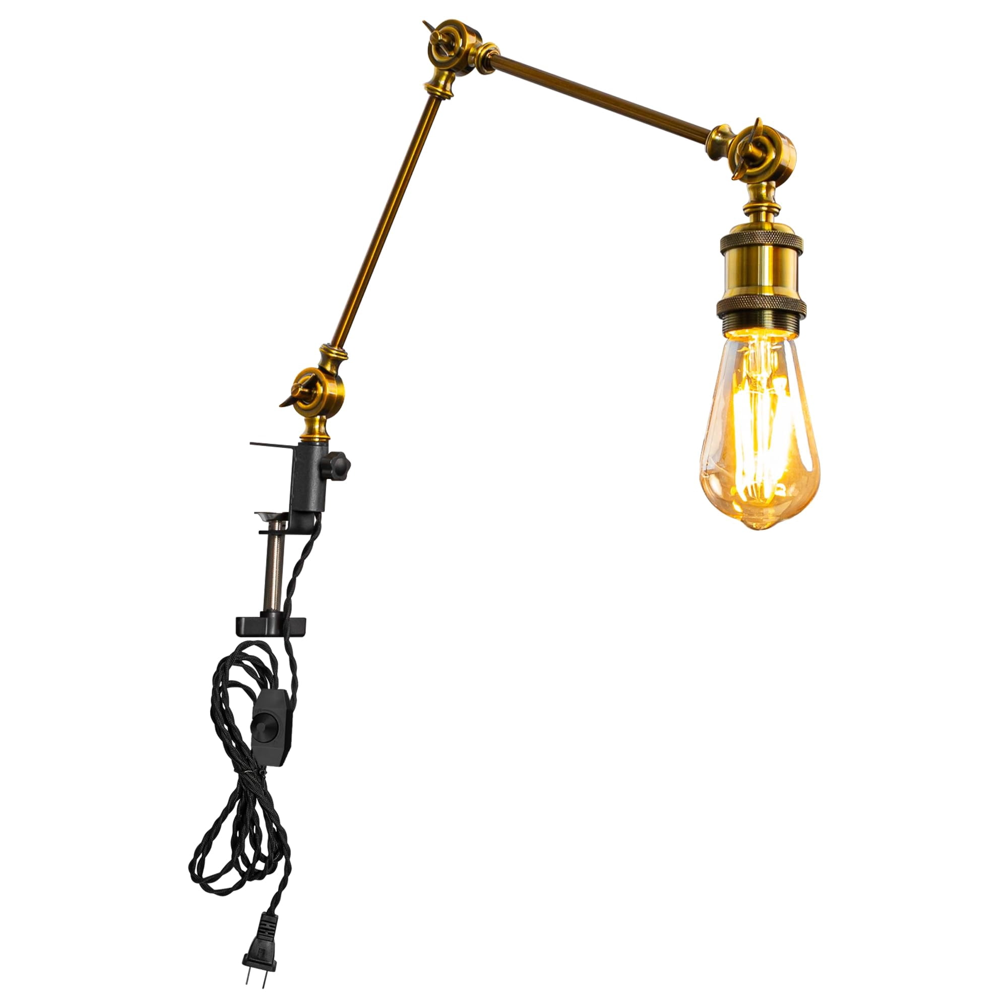 Kiven Industrial Clip-on Desk Lamp, 1-Light Iron Nightstand Lamp with Flexible Arm, 8.2FT Plug in Cord, Decorative Clamp Lamp for Office Home Bookshelf Bedside E26 Sokcet,Gold