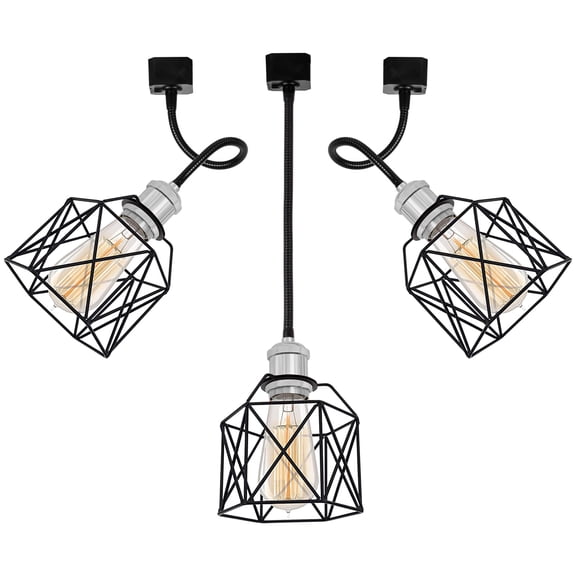 Kiven J Track Pendant Lightning, 3 Lights Industrial J Track Light Heads, Adjustable Tilt Angle with Black Iron Cage Shade for Bedroom Kitchen Home Lighting,E26 Socket