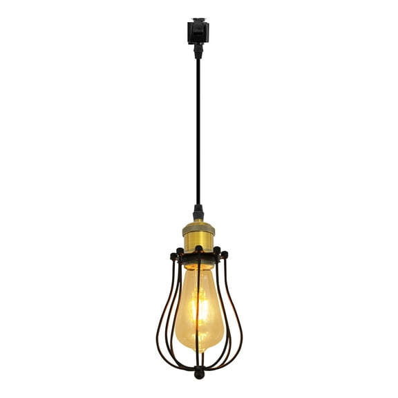 Kiven J-Type Track Lighting, 1-Light Industrial Juno track lighting pendants with Metal Cage Lampshade, J Track Light Pedant for Kitchen Island Home Cafe Bedroom, Cord length 39.4",Gold