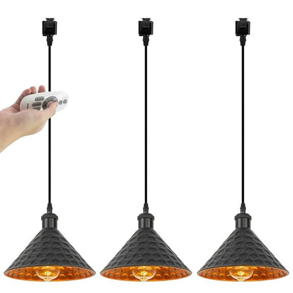 Kiven J-Type Track Lighting, 3-Light Modern Juno Track Pendant Light with Metal Lampshade,Dimmable J Track Light Pedant for Kitchen Island Home Shop, Cord length 39.4",Black Finish, Gold Innner