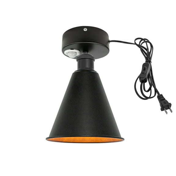 Kiven Motion Sensor Ceiling Light, Motion Activated Plug-in Ceiling lamp with E26 Socket and Black Hollow Lampshade, Industrial Motion Lights, Adjustable Delay Time for Hallway Laundry Bathroom