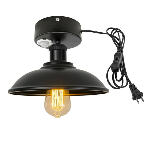Kiven Motion Sensor Ceiling Light, Motion Activated Plug-in Ceiling lamp with E26 Socket and Black Hollow Lampshade, Industrial Motion Lights, Adjustable Delay Time for Laundry Bathroom Hallway Stair