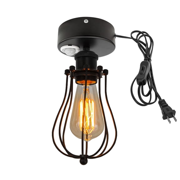 Kiven Motion Sensor Ceiling Light, Motion Activated Plug-in Ceiling lamp with E26 Socket and Black Hollow Lampshade, Industrial Motion Lights, Adjustable Delay Time