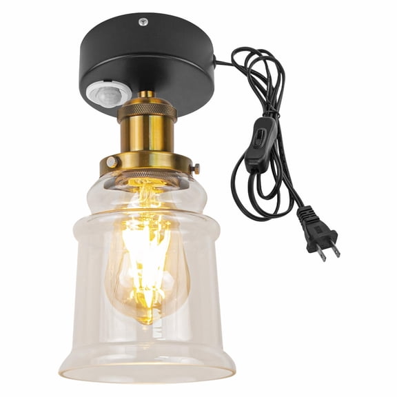 Kiven Motion Sensor Ceiling Light, Motion Activated Plug-in Ceiling lamp, Farmhouse Glass Motion Lights Indoor, Adjustable Delay Time for Stair Hallway Laundry Bathroom, Gold Finish