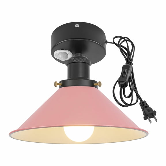 Kiven Motion Sensor Ceiling Light, Motion Activated Plug-in Ceiling lamp, Modern Motion Lights with Iron Shade, Adjustable Delay Time for Laundry Bathroom Stair Hallway,Pink