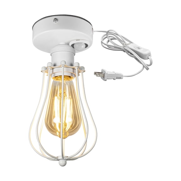 Kiven Motion Sensor Ceiling Light,White Motion Activated Plug-in Ceiling lamp with E26 Socket, Industrial Motion Lights, Adjustable Delay Time for Laundry Bathroom Hallway DZ0006