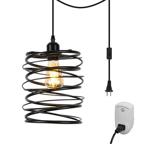 Kiven Motion Sensor Pendant Light Plug in, Industrial Hanging Light Fixture with Iron Cage Lampashe, E26 Socket Pendant Light for Bedroom Hallway Kitchen