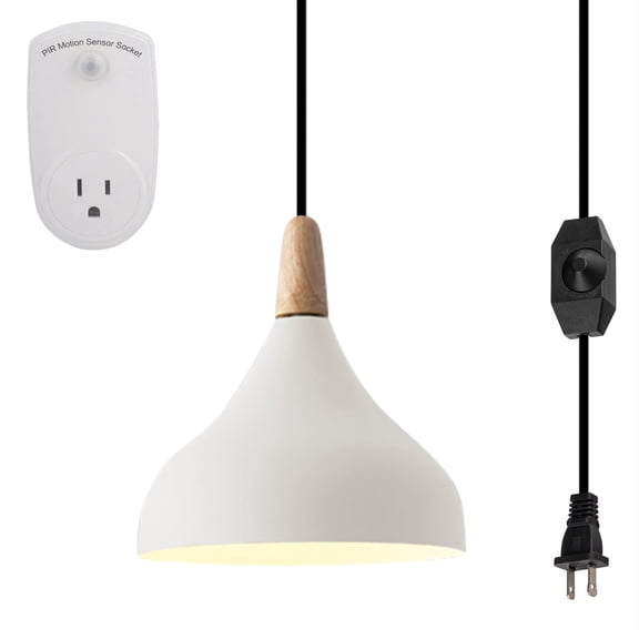 Kiven Pendant Light with Dimmable Light Cord (15ft) and Smart Motion Sensor Plug-in Outlet, Dimmable and Auto On/Off Light, Bulb Not Included-1Pack (Macaron White)