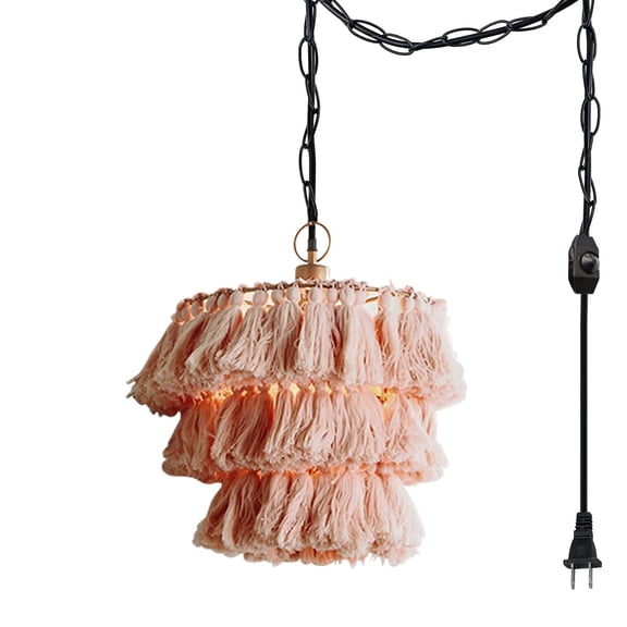Kiven Pendant Light Equipped with Dimmable Lighting Wire177.16 inches,E26 1-Light Tassel Nordic Designer Creative Personality Woven for Bedroom-Pink(Bulb Not Included)