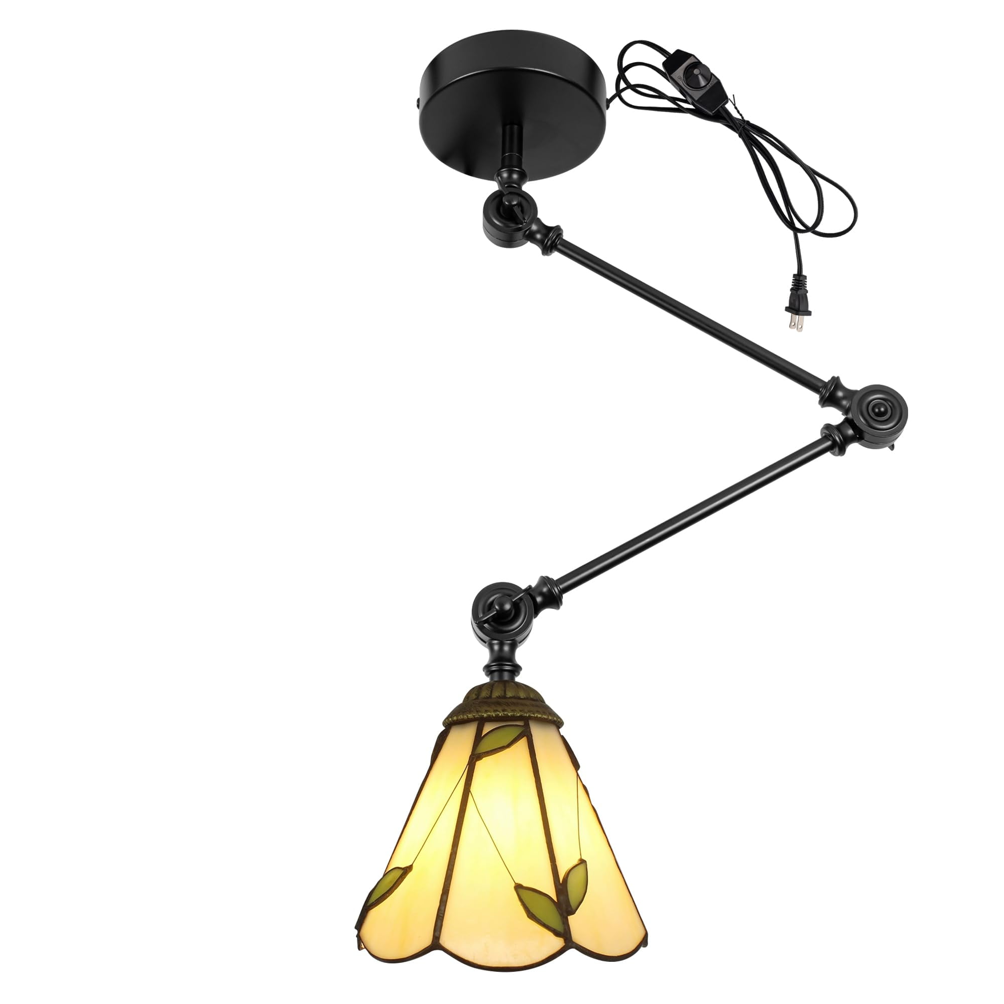 Kiven Pendant Light Fixture Adjustable Height,Black Swing Arm Hanging Lights Retractable Design with 15ft Plug-in Cord, Tiffany-style Ceiling Pendant Light for Kitchen Island Picture Office TB0297