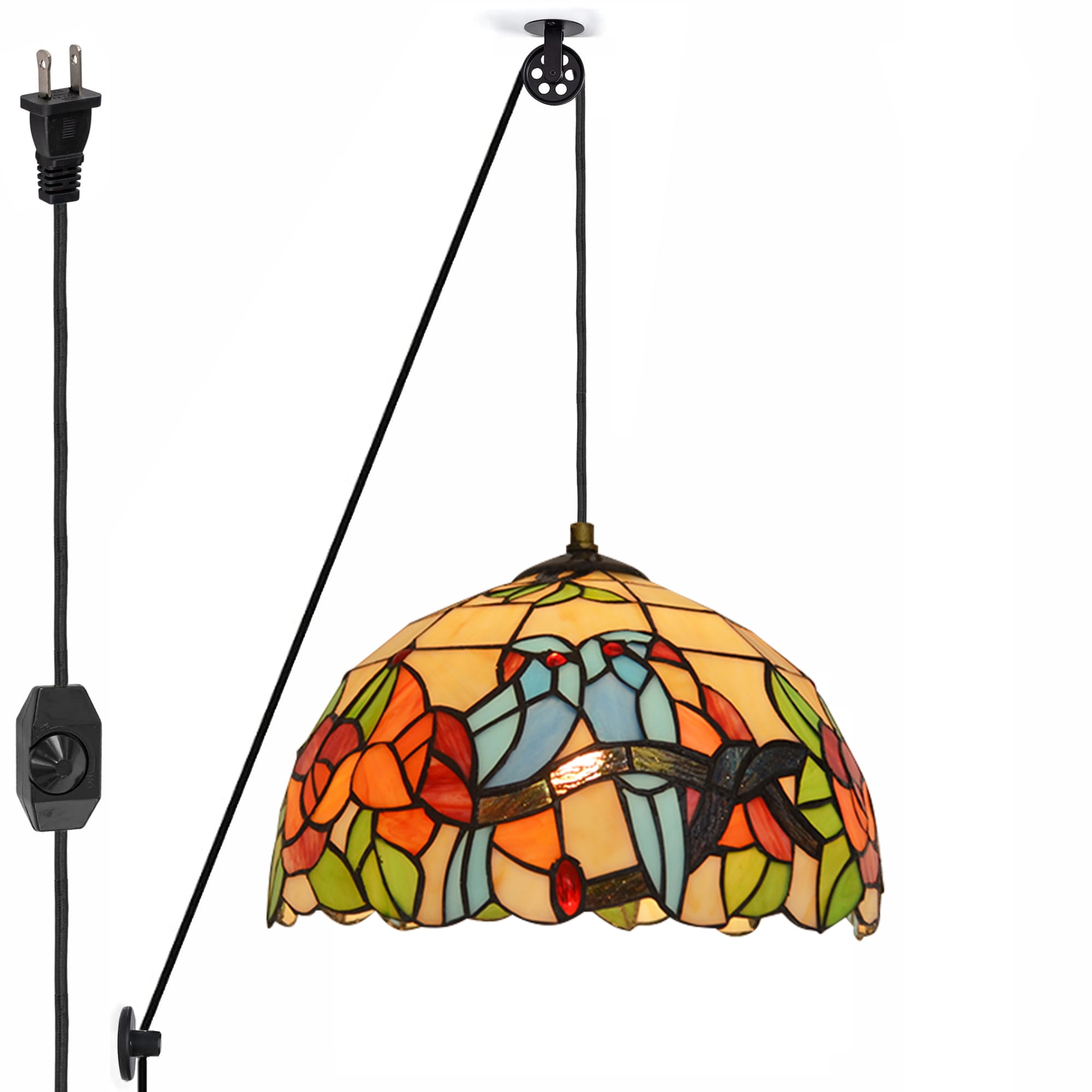 Kiven Plug in Classic Pendant Light, Pulley Hanging Light with Glass Lampshade and 15FT Cord, Retro Dimmable Ceiling Pendant Light for Bedroom Foyer Hallway Kitchen Island, E26 Socket