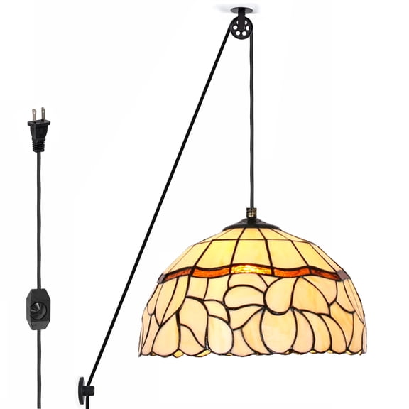 Kiven Plug in Classic Pendant Light, Pulley Hanging Light with Glass Lampshade and 15FT Cord, Retro Dimmable Ceiling Pendant Light for Bedroom Foyer Hallway Kitchen Island, E26 Socket