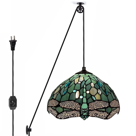 Kiven Plug in Classic Pendant Light, Pulley Hanging Light with Glass Lampshade and 15FT Cord, Retro Dimmable Ceiling Pendant Light for Bedroom Foyer Hallway Kitchen Island, E26 Socket