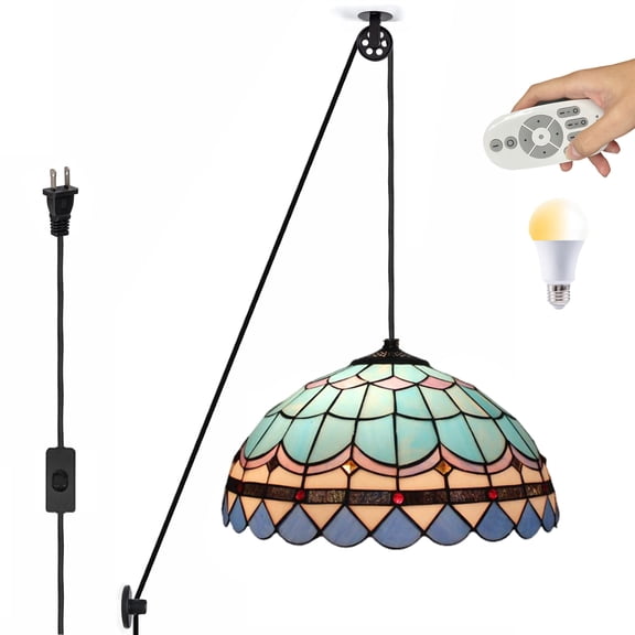 Kiven Plug in Glass Pendant Light ,Classic Pulley Hanging Light with Remote Control,Retro Dimmable Ceiling Pendant Light for Bedroom Foyer Hallway Kitchen Island, E26 Socket