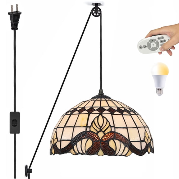 Kiven Plug in Glass Pendant Light ,Classic Pulley Hanging Light with Remote Control,Retro Dimmable Ceiling Pendant Light for Bedroom Foyer Hallway Kitchen Island, E26 Socket