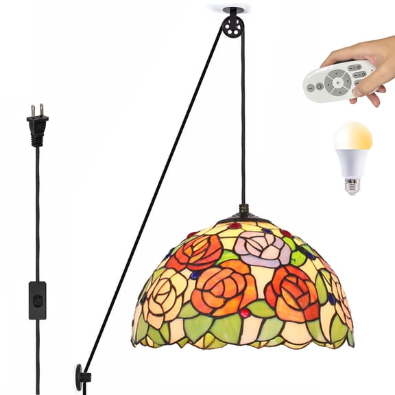 Kiven Plug in Glass Pendant Light ,Classic Pulley Hanging Light with Remote Control,Retro Dimmable Ceiling Pendant Light for Bedroom Foyer Hallway Kitchen Island, E26 Socket