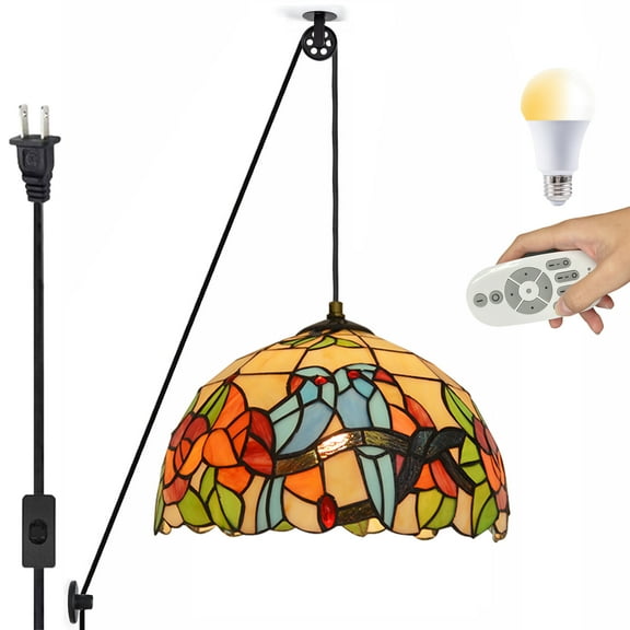 Kiven Plug in Glass Pendant Light ,Classic Pulley Hanging Light with Remote Control,Retro Dimmable Ceiling Pendant Light for Bedroom Foyer Hallway Kitchen Island, E26 Socket