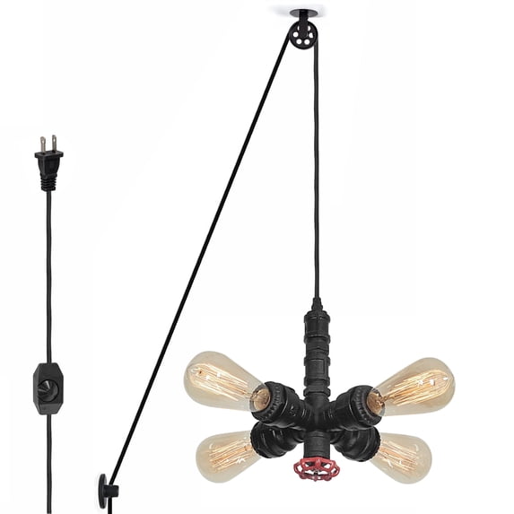Kiven Plug in Industrial Pendant Light, Pulley Hanging Light 15FT Plug-in Cord and Dimmer Switch, Steampunk Ceiling Pendant Light for Bedroom Hallway Foyer,Black Finish Bulb Not Included