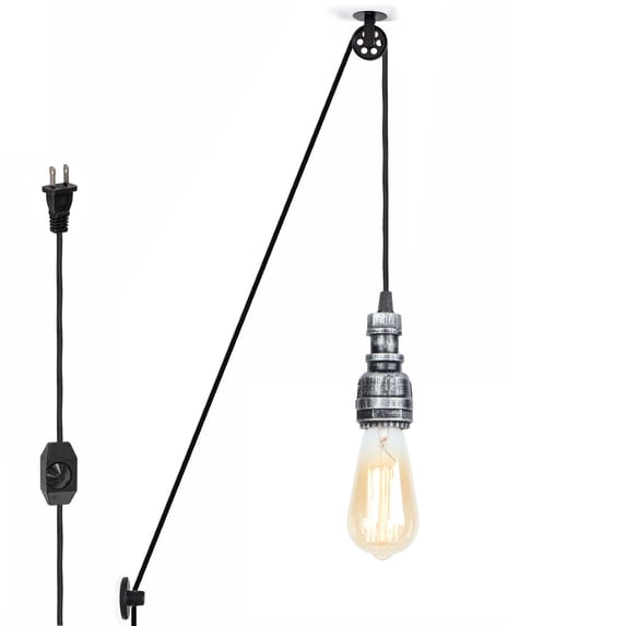 Kiven Plug in Industrial Pendant Light, Pulley Hanging Light 15FT Plug-in Cord and Dimmer Switch, Steampunk Ceiling Pendant Light for Bedside Hallway Foyer Kitchen,Silvery Finish