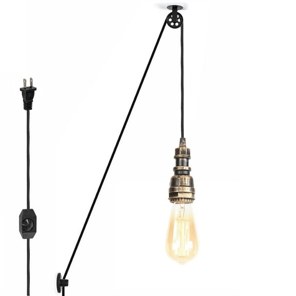 Kiven Plug in Industrial Pendant Light, Pulley Hanging Light 15FT Plug-in Cord and Dimmer Switch, Steampunk Ceiling Pendant Light for Bedside Hallway Foyer Kitchen,Copper Finish
