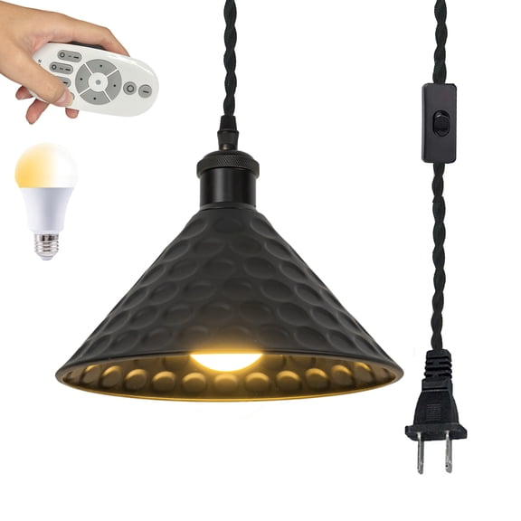 Kiven Plug in Iron Pendant Light, Industrial Hanging Light with Remote Control and 15FT Plug-in Cord, Dimmable Ceiling Pendant Light for Bedroom Hallway Foyer Kitchen Island, E26 Base
