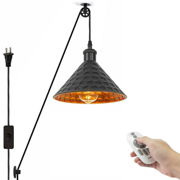Kiven Plug in Iron Pendant Light, Modern Pulley Hanging Light with Remote Contro and 15FT Plug-in Cord, Dimmable Ceiling Pendant Light for Bedroom Hallway Foyer Kitchen Island, E26 Base
