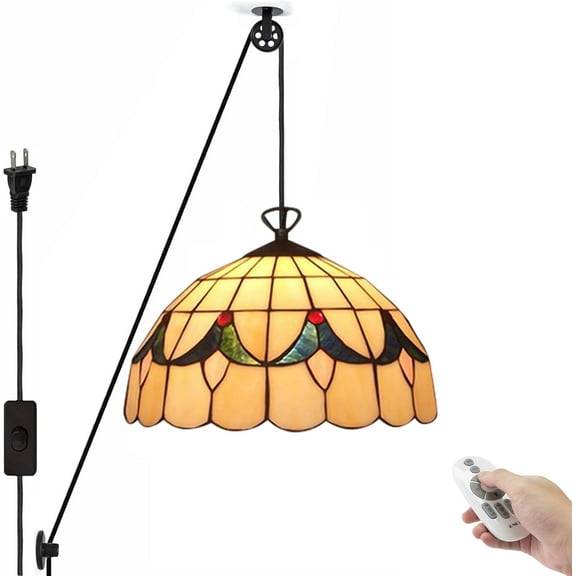 Kiven Plug in Iron Pendant Light, Tiffany Pulley Hanging Light with Remote Contro and 15FT Plug-in Cord, Dimmable Ceiling Pendant Light for Bedroom Hallway Foyer Kitchen Island, 1-Light