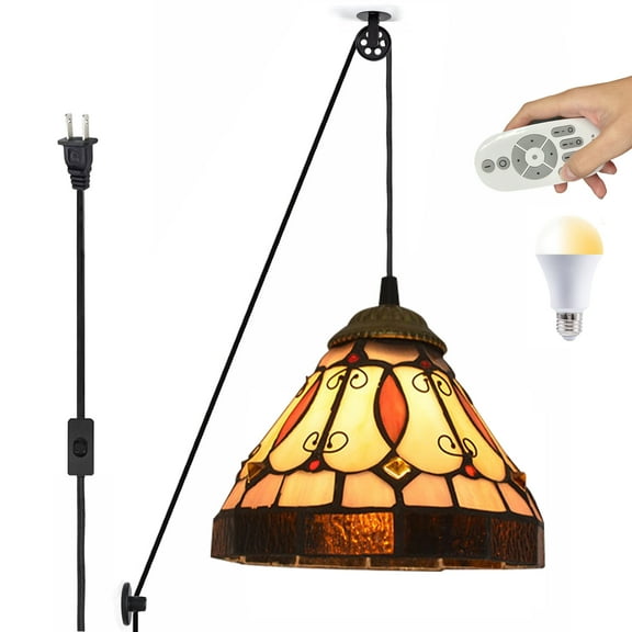 Kiven Plug in Iron Pendant Light, Tiffany Pulley Hanging Light with Remote Contro and 15FT Plug-in Cord, Dimmable Ceiling Pendant Light for Bedroom Hallway Foyer Kitchen Island, 1-Light