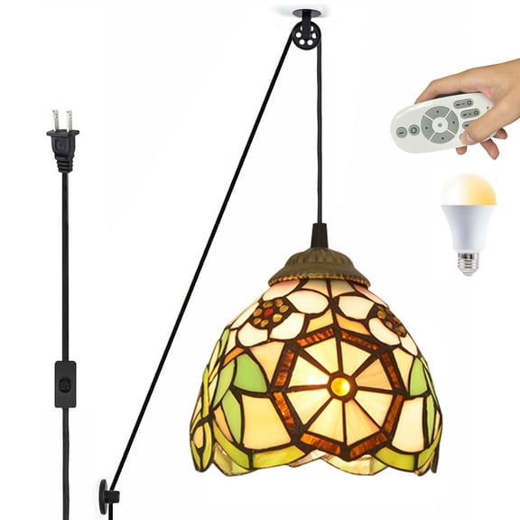 Kiven Plug in Iron Pendant Light, Tiffany Pulley Hanging Light with Remote Contro and 15FT Plug-in Cord, Dimmable Ceiling Pendant Light for Bedroom Hallway Foyer Kitchen Island, 1-Light