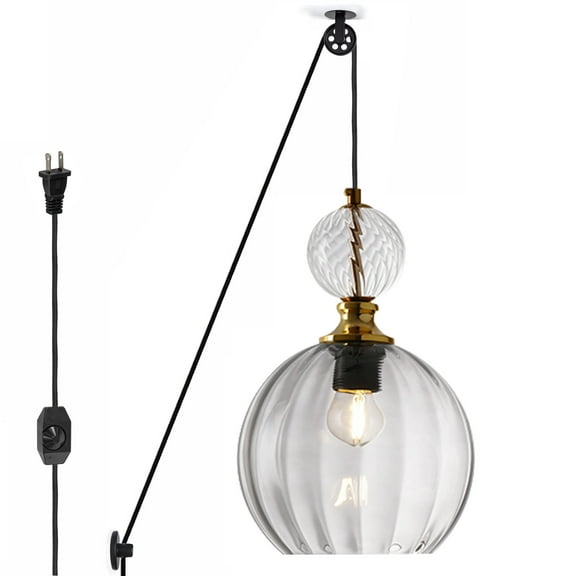 Kiven Plug in Modern Pendant Light, Pulley Hanging Light with Grey Glass Shade and 15FT Cord, Dimmable Ceiling Pendant Light for Hallway Foyer Kitchen Island Bedroom , E26 Base