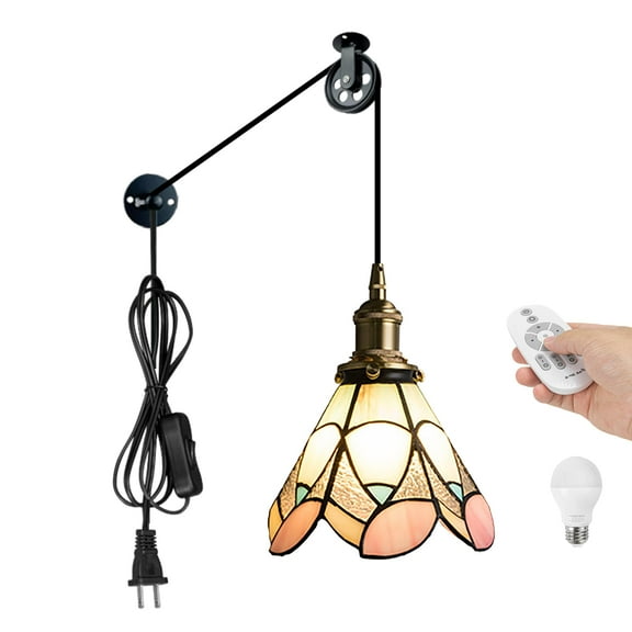 Kiven Plug in Pendant Light Adjustable Height, Tiffany Stained Glass Hanging Light Fixture with Remote and Glass Lampshade, E26 Socket Dimmable Pendant Light for Bedroom Hallway Kitchen