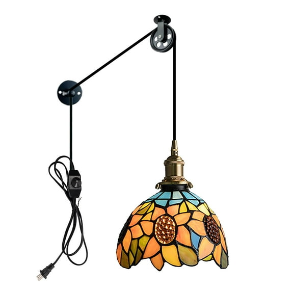 Kiven Plug in Pendant Light, Antiqued Art Glass Hanging Light Fixture with Brass Lamp Holder and Pulley, Dimmable Pendant Light for Hallway Bedroom Kitchen Island Reading,Adjustable Height