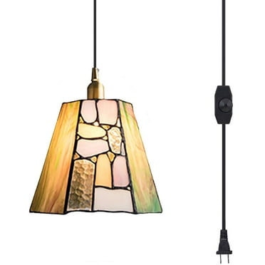 Kiven Plug in Pendant Light, Antiqued Stained Glass Hanging Light Fixture with Brass Lamp Holder, Dimmable Pendant Light for Bedroom Hallway Kitchen Island Reading