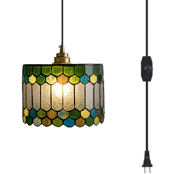 Kiven Plug in Pendant Light, Antiqued Stained Glass Hanging Light Fixture with Brass Lamp Holder, Dimmable Pendant Light for Reading Hallway Kitchen Island Bedroom