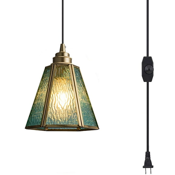 Kiven Plug in Pendant Light, Antiqued Stained Glass Hanging Light Fixture with Glass Lampshade, E26 Socket Dimmable Pendant Light for Bedroom Hallway Kitchen Island