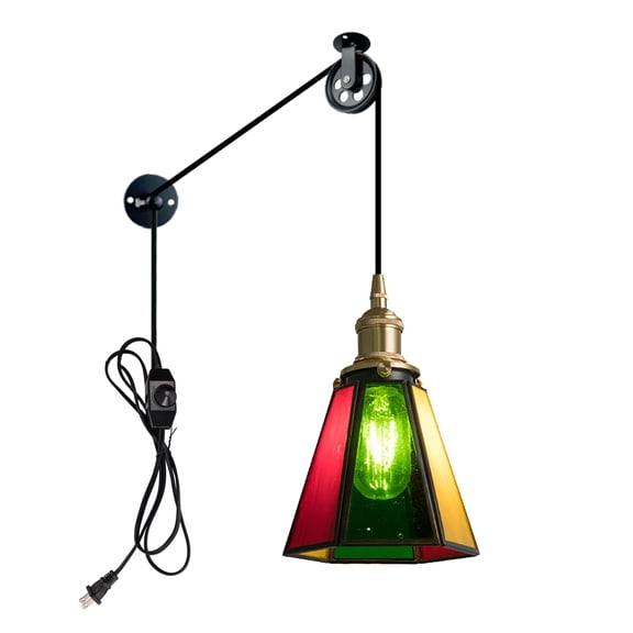 Kiven Plug in Pendant Light, Antiqued Stained Glass Hanging Light Fixture with Glass Lampshade and Pulley, E26 Socket Dimmable Pendant Light for Bedroom Hallway Kitchen,Adjustable Height