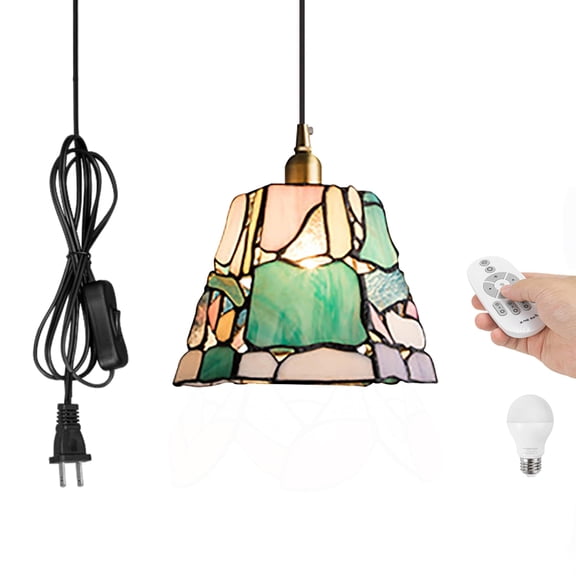 Kiven Plug in Pendant Light, Antiqued Stained Glass Hanging Light Fixture with Remote and Brass Lamp Holder, Dimmable Pendant Light for Bedroom Hallway Kitchen