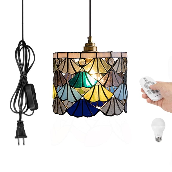 Kiven Plug in Pendant Light, Antiqued Stained Glass Hanging Light Fixture with Remote and Brass Lamp Holder, Dimmable Pendant Light for Bedroom Kitchen Cafe Reading Hallway Island