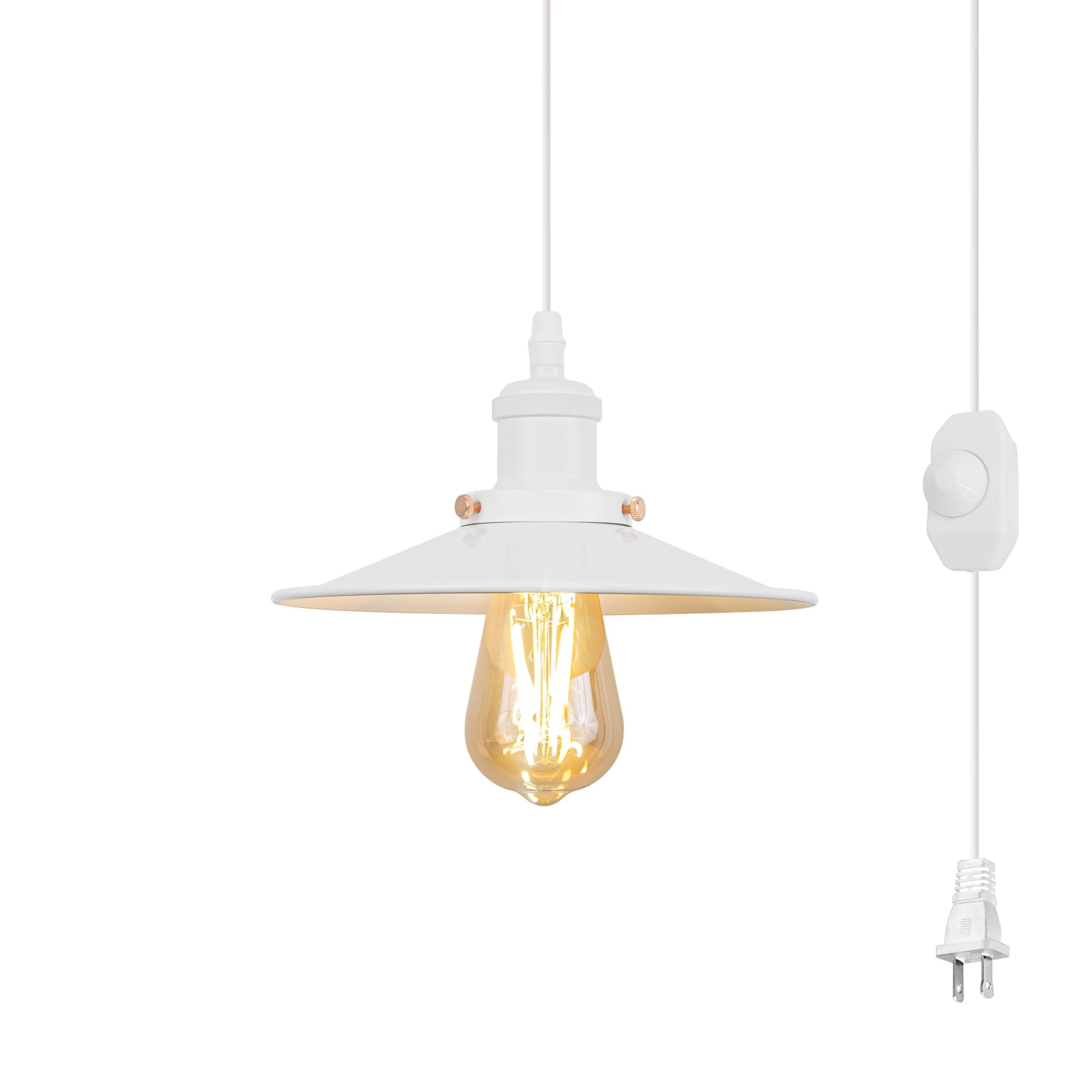 Kiven Plug in Pendant Light,E26 Socket Vintage Hanging Light, Iron Hanging Light Fixture with 15FT Cord Adjustable Height for Dining Room Bedroom Foyer Hallway Kitchen Island,White Finish