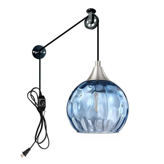 Kiven Plug in Pendant Light, Farmhouse Hanging Light Fixture with Blue Glass Globe and Pulley, E26 Socket Dimmable Pendant Light for Bedroom Hallway Kitchen,Adjustable Height