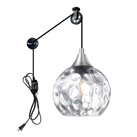 Kiven Plug in Pendant Light, Farmhouse Hanging Light Fixture with Clear Glass Globe and Pulley, E26 Socket Dimmable Pendant Light for Bedroom Hallway Kitchen,Adjustable Height