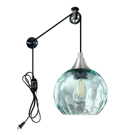 Kiven Plug in Pendant Light, Farmhouse Hanging Light Fixture with Green Glass Globe and Pulley, E26 Socket Dimmable Pendant Light for Bedroom Hallway Kitchen,Adjustable Height