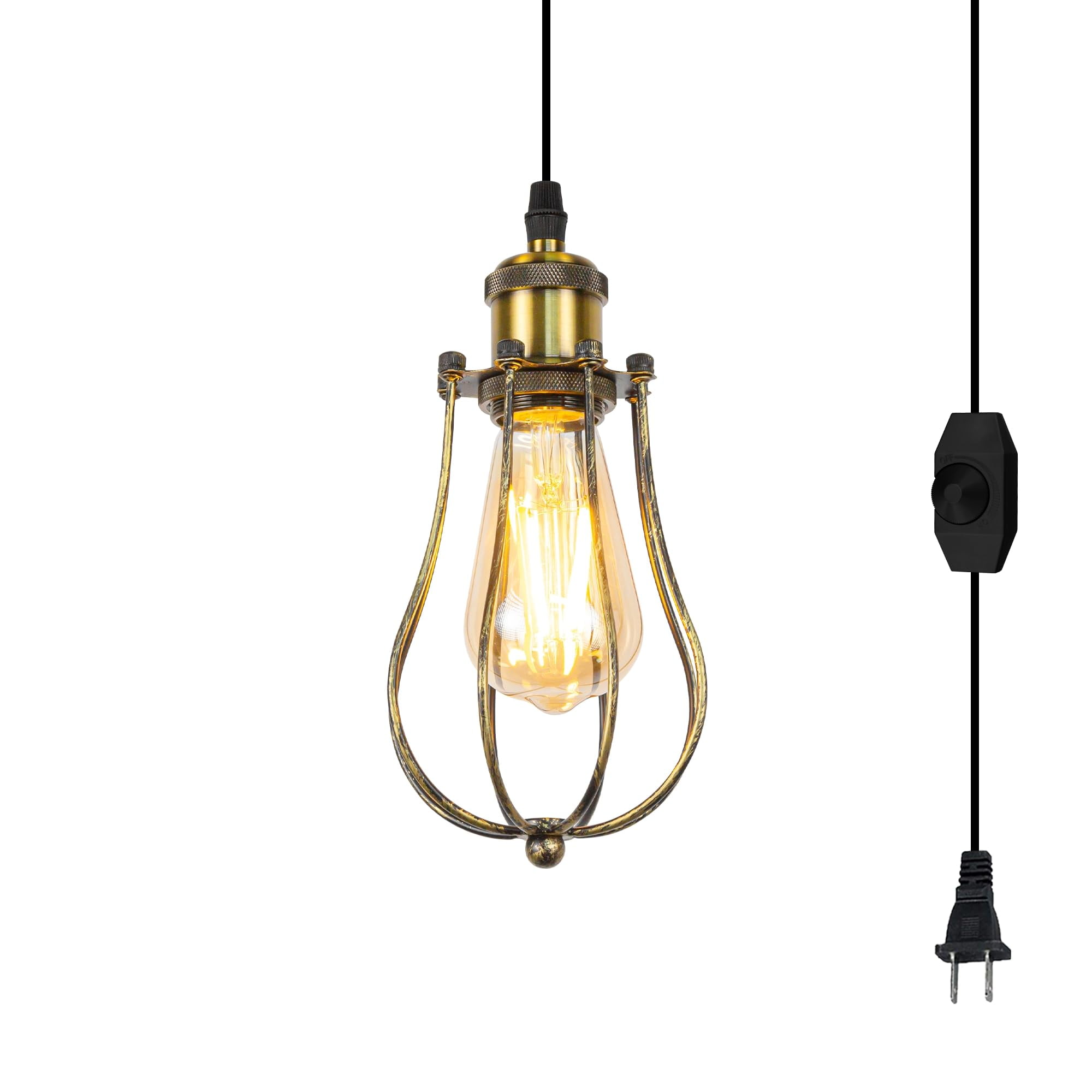 Kiven Plug in Pendant Light, Farmhouse Hanging Light Fixture with Iron Cage Lampshade, E26 Socket Dimmable Pendant Light for Kitchen Bedroom Hallway,Antique Gold