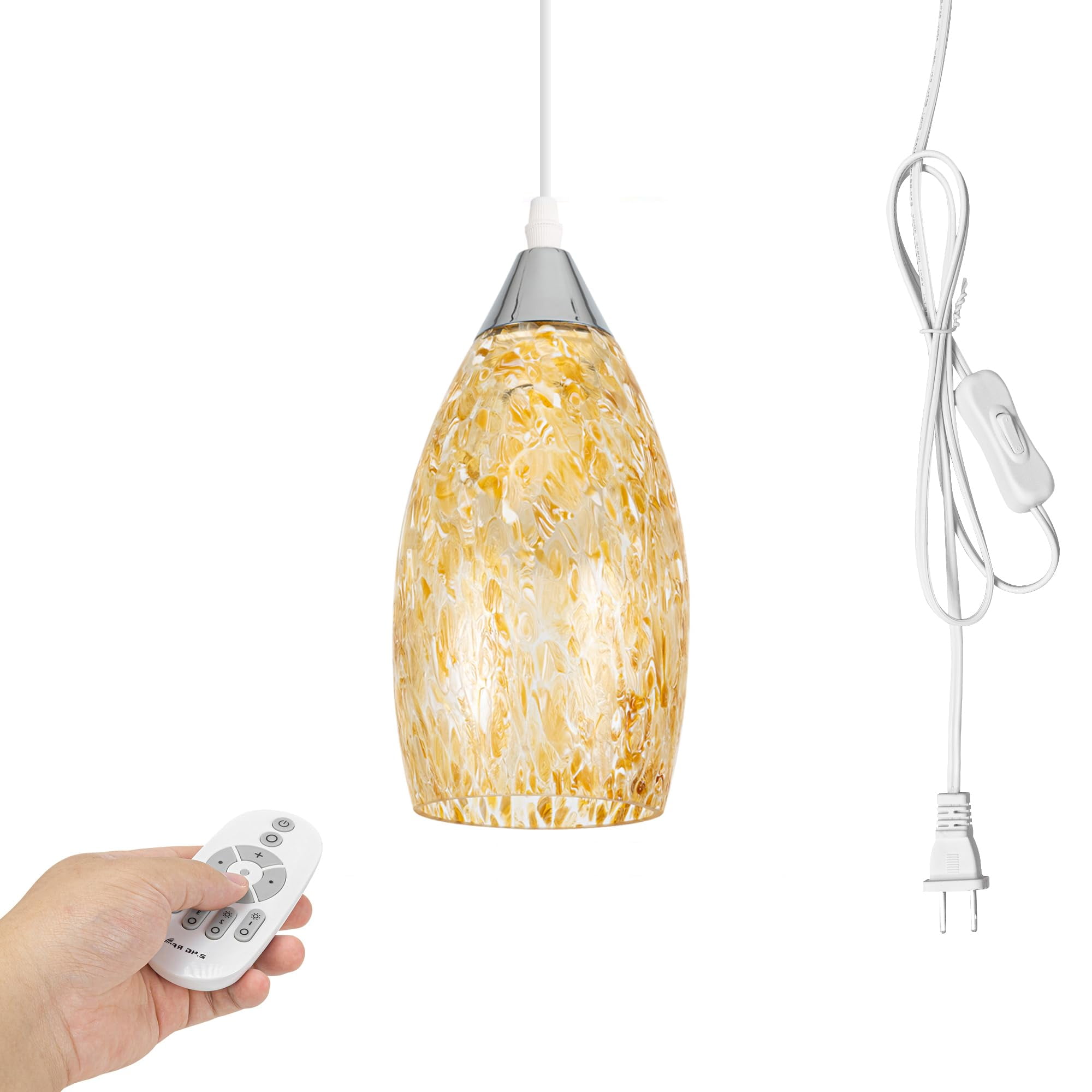 Kiven Plug in Pendant Light, Farmhouse Hanging Light Fixture with Remote and Art Glass Lampshade, E26 Socket Dimmable Pendant Lights for Bedroom Hallway Kitchen DZ0506