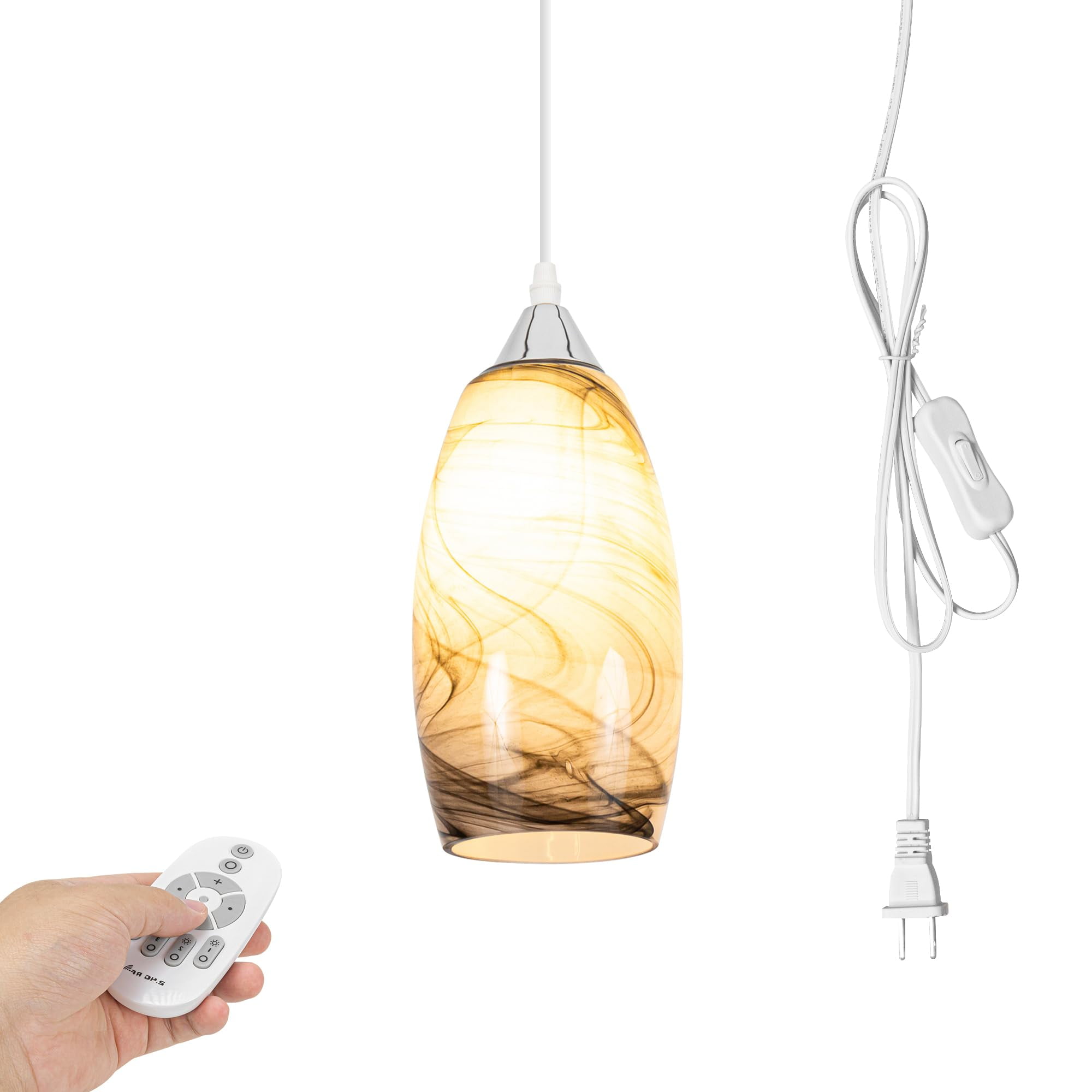 Kiven Plug in Pendant Light, Farmhouse Hanging Light Fixture with Remote and Art Glass Lampshade, E26 Socket Dimmable Pendant Lights for Bedroom Hallway Kitchen TB3232-D